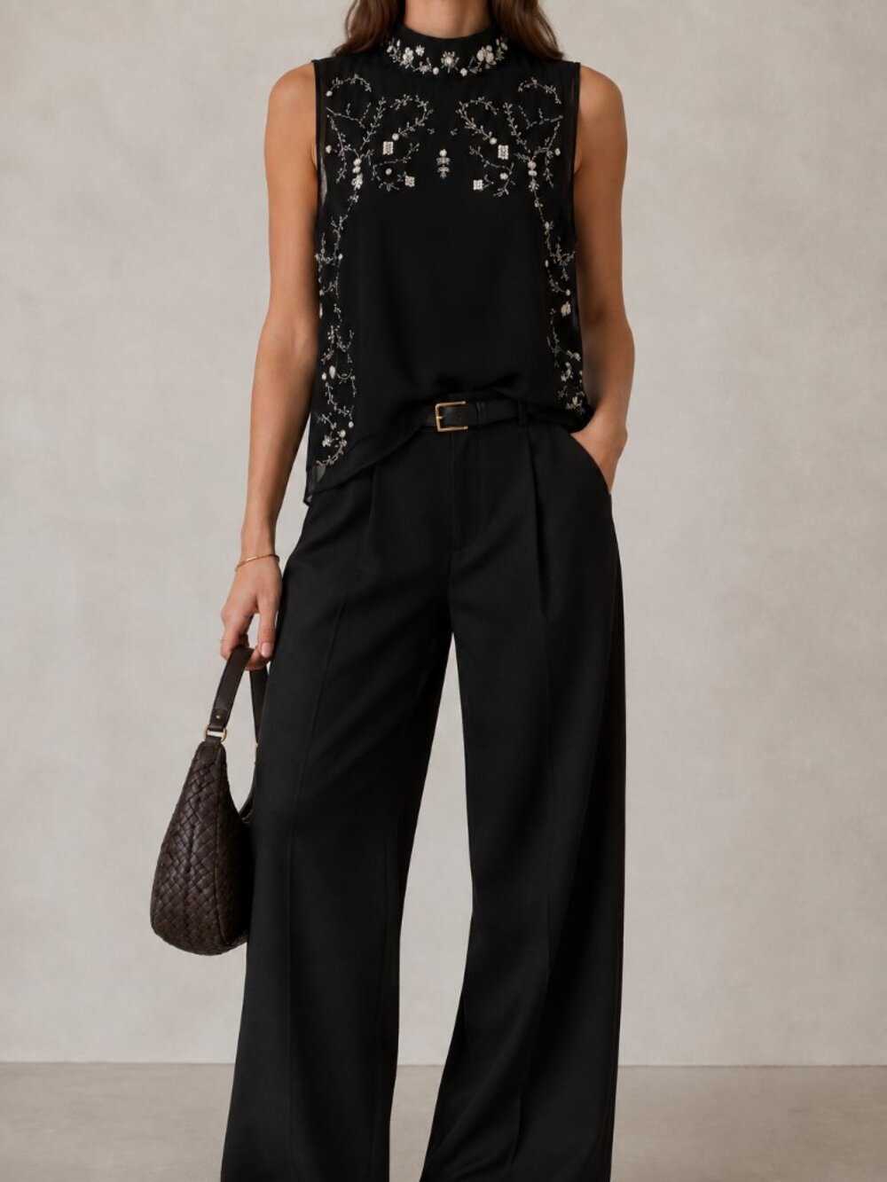 White and Black Beaded High Collar Forever 21 Tank Top